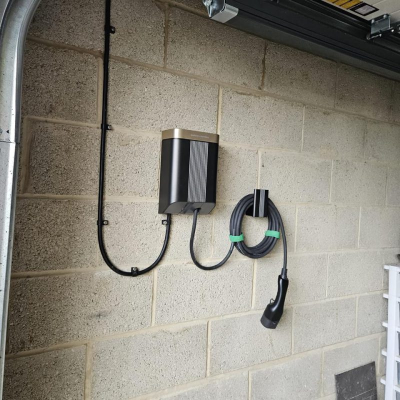 Close up of the bronze lid, Type 2 connector hanging on the hook